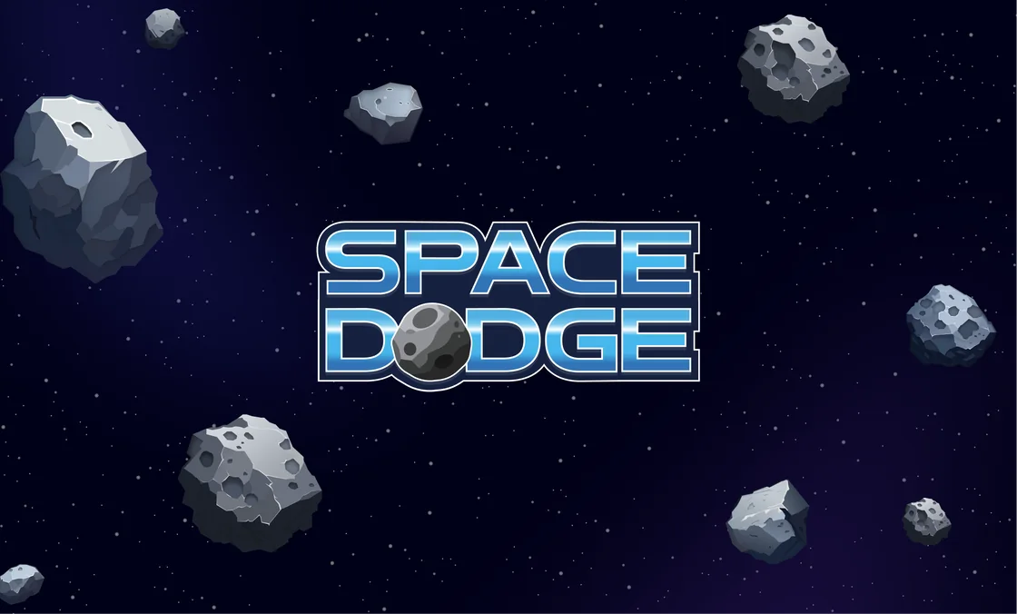 Space Dodge logo among asteroids