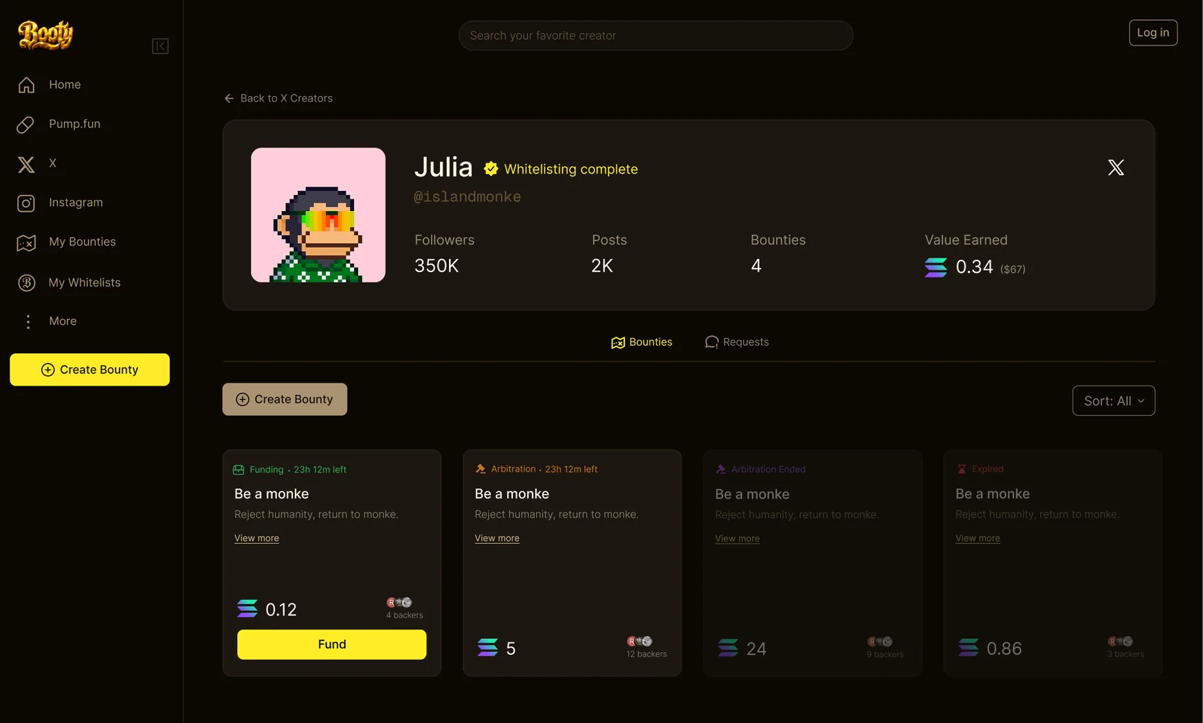 Web app: creator profile with open bounties